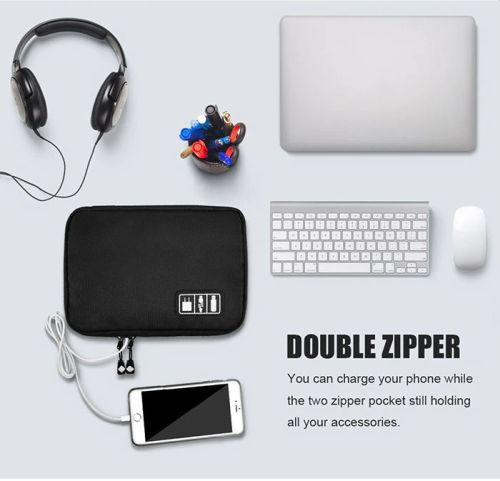 Cable organiser with phone charge cable feeding to phone via double zipper opening