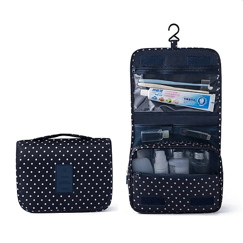 Folding Travel Cosmetic Storage Makeup Bag Hanging Toiletry Organiser in Navy blue dots