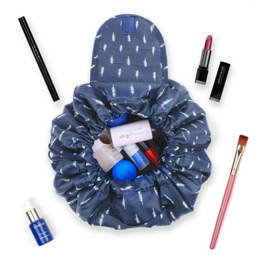 Cosmetic lazy makeup bag in blue with feathers