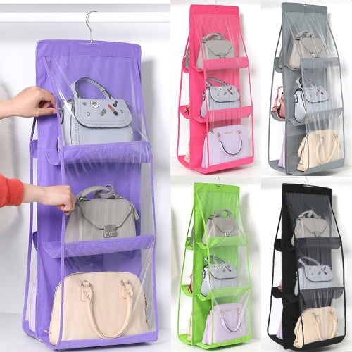 Hanging handbag organiser with 6 bags in purple, pink, grey, black and green