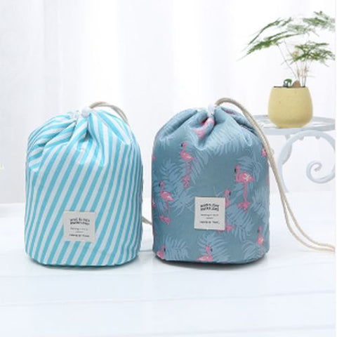 Barrel Cosmetic Makeup Bags in grey flamingo and blue stripes