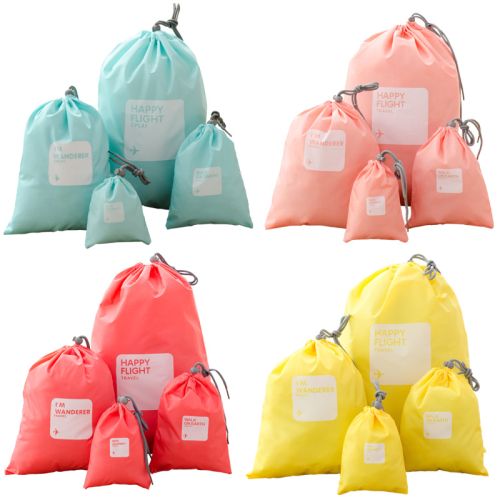 4 piece set of storage Organiser Pouches in light blue, peach pink, light pink and yellow