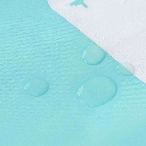 Water droplets on light blue organiser pouch
