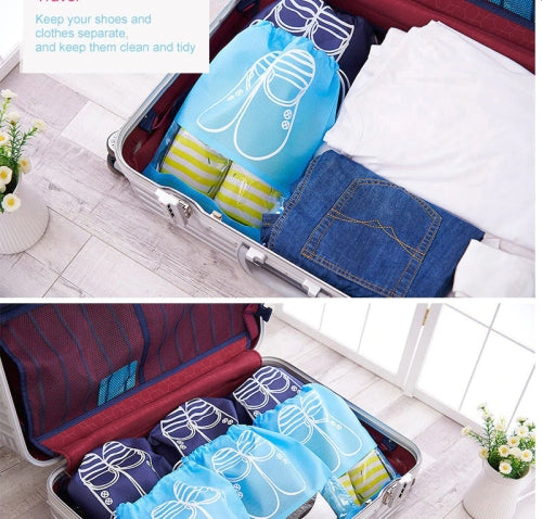 Packing shoe drawstring pouches in a suitcase