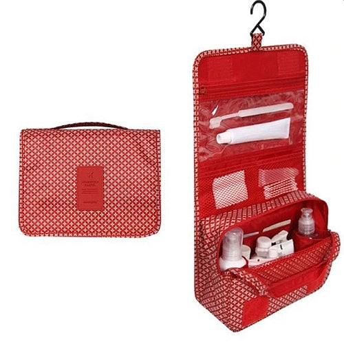 Folding Travel Cosmetic Storage Makeup Bag Hanging Toiletry Organiser in Red Stars