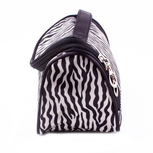 Side view of the zebra print makeup bag