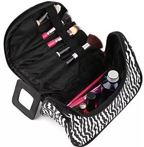 Zebra print makeup bag with 5 makeup brush slots and mirror
