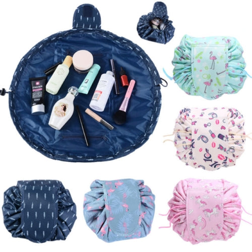 Drawstring makeup bag in blue feather, green and grey flamingo, cosmetic and pink unicorn