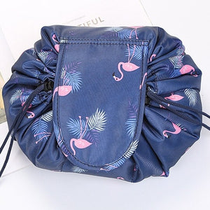 Blue Flamingo design of the scrunch up makeup bag