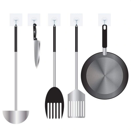Kitchen utensils hanging using clear adhesive wall hooks